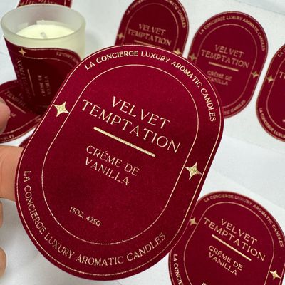 Eco Friendly Customized Print Logo Velvet Gold Embossed Candle Label Sticker per Vaso di Candele